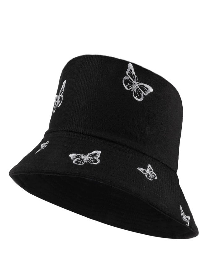 Umeepar Embroidered Bucket Hat Reversible Packable Foldable Beach Sun Hat Outdoor Cap for Women Men (Butterfly Black/Plain Black) - Image 1